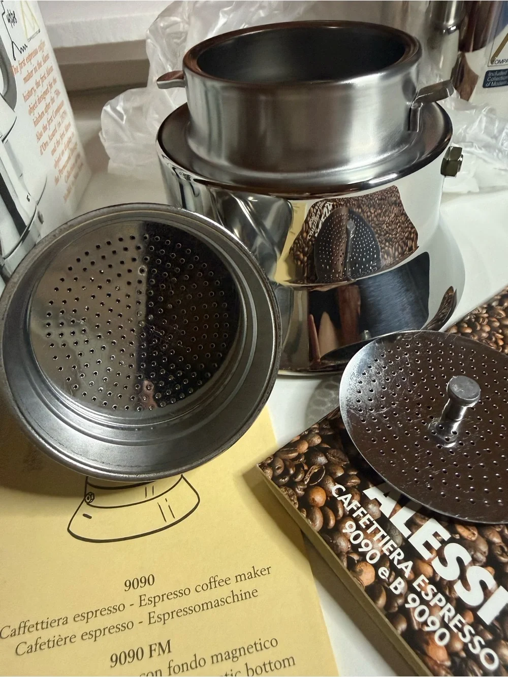 Alessi Stainless Steel Espresso Moka Pot with Brown Handle